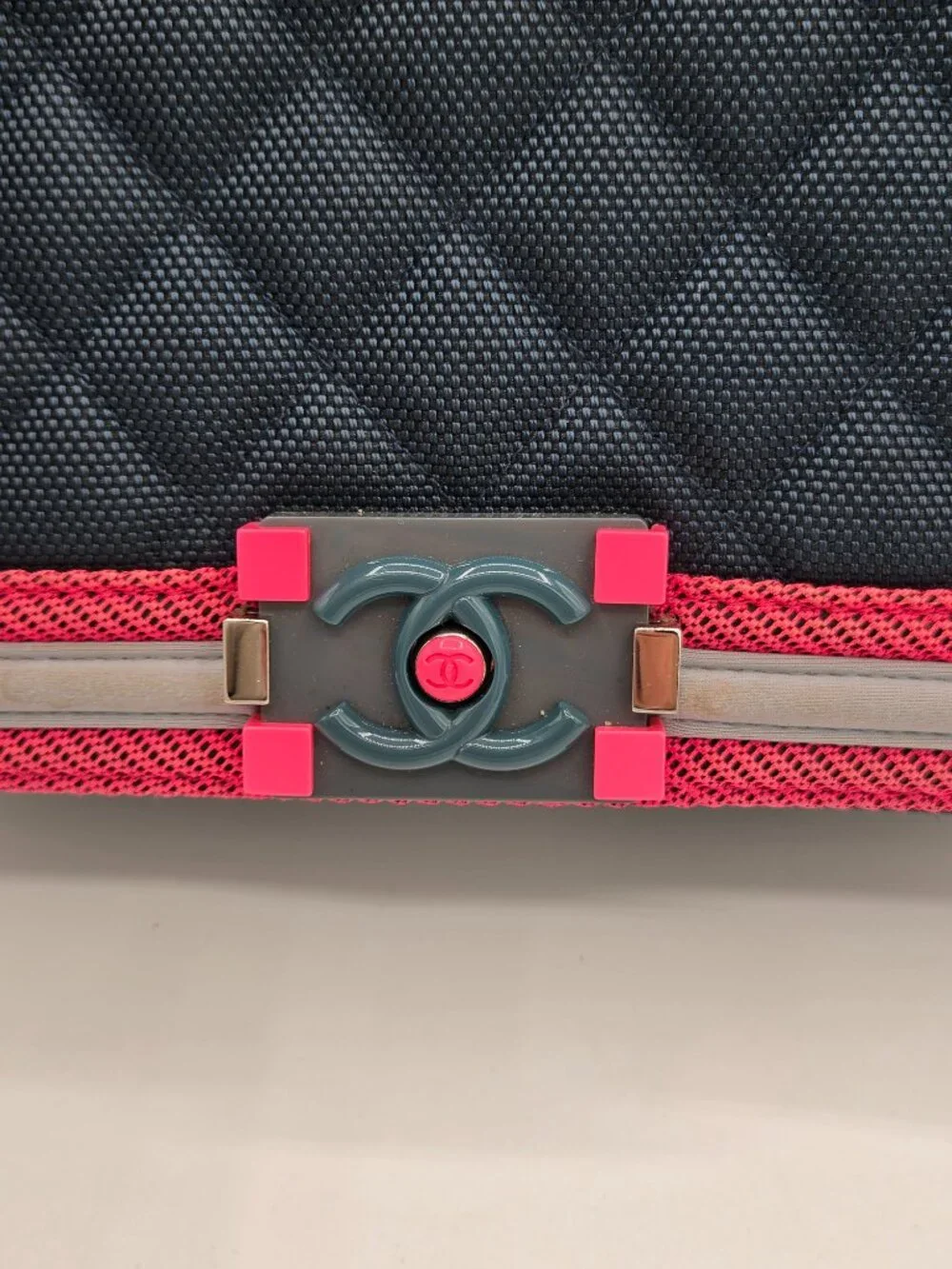 Chanel Medium Fluo Boy Flap Bag – Navy Quilted Canvas | Fuchsia & Grey Trim